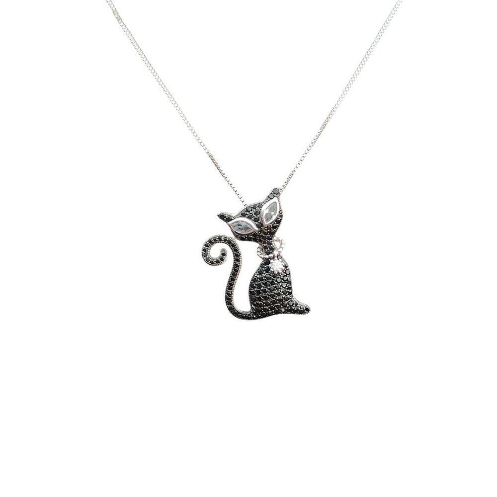 925 SILVER BLACK CAT STUDDED PENDANT NECKLACE